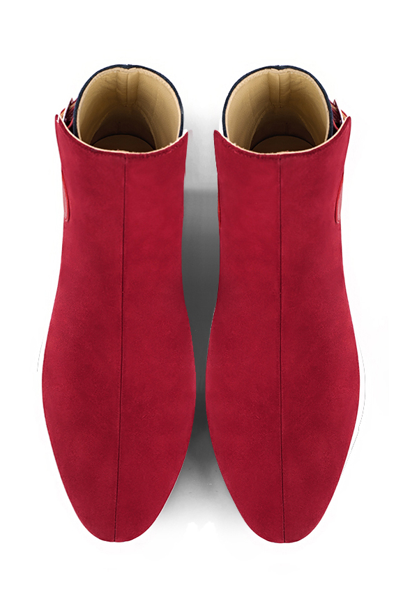 Cardinal red and navy blue women's ankle boots with buckles at the back. Round toe. Flat block heels. Top view - Florence KOOIJMAN